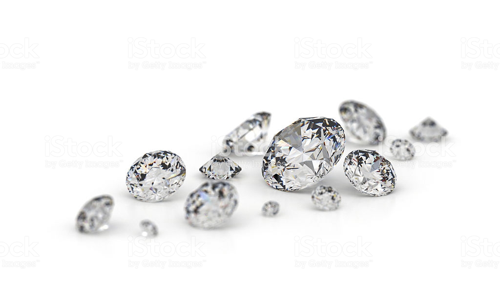 Several diamonds on a white background. Focus on the largest stone. 3d illustration.